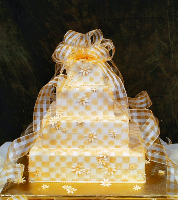 Yellow Checker Wedding Cake with Ribbon Accents